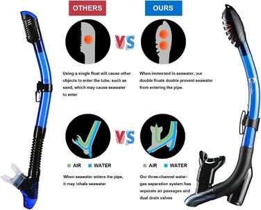 Набір для сноркелінгу з трубкою та маскою для дайвінгу, водонепроникна маска для дайвінгу, захист від запотівання та протікання, виготовлена із загартованого скла, з 3-канальним сухим трубкою преміум-класу для дорослих, чорний/синій