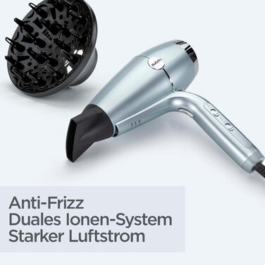 Фен BaByliss Hydro-Fusion з дифузором професійний іонний фен 2100 Вт для стайлінгу без пухнастості, плазма-технологія для блиску, легкий дизайн, 3 рівні температури та 2 режими обдуву, синій, D773DE