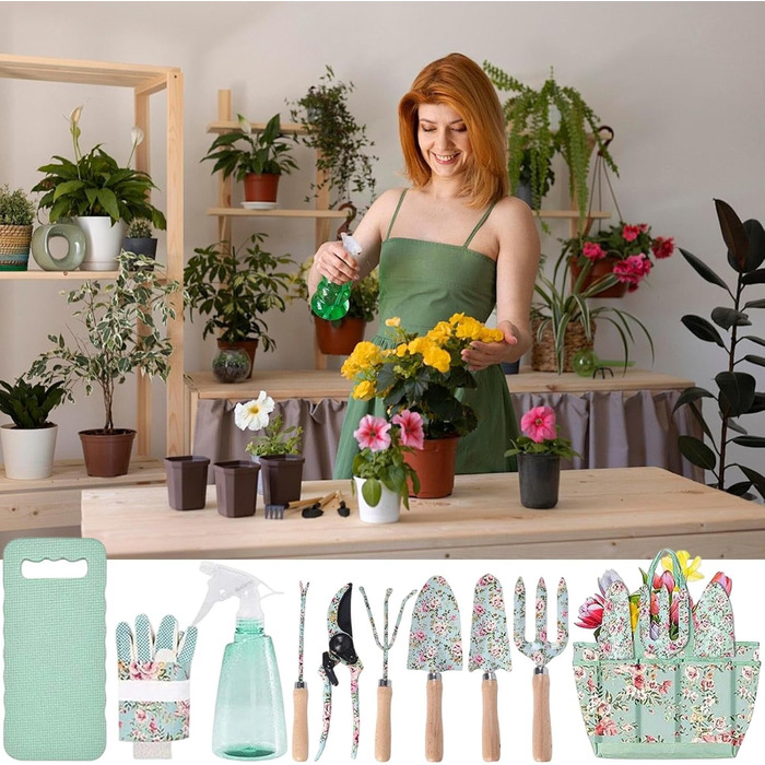 Набір садових інструментів 10 в 1, міцні садові ручні інструменти з нержавіючої сталі з сумкою для зберігання секатор, садова лопатка, рукавички, культиватор та інше. Ідеальний подарунок для садівників (квітковий візерунок)