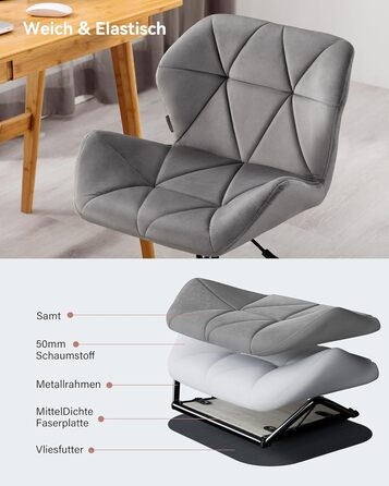 Офісне крісло HNNHOME Eris, сучасне, оббите оксамитом, обертове крісло, тканина, регульована висота, сірий оксамит