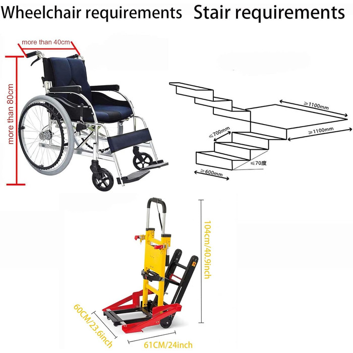 Електричний складаний візок для підйому по сходах, Надійний візок для підйому по сходах, ручний візок, максимальне навантаження 440 фунтів/200 кг, для пацієнтів в інвалідному візку