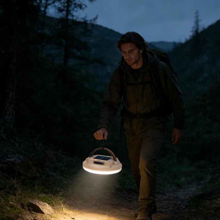 Сонячна лампа Світлодіодна лампа з 4 режимами та акумуляторною батареєю - Ліхтар-акумулятор для кемпінгу - Для використання в приміщенні та на вулиці, для піших прогулянок, походів, нічної риболовлі, відключень електроенергії, бежевий