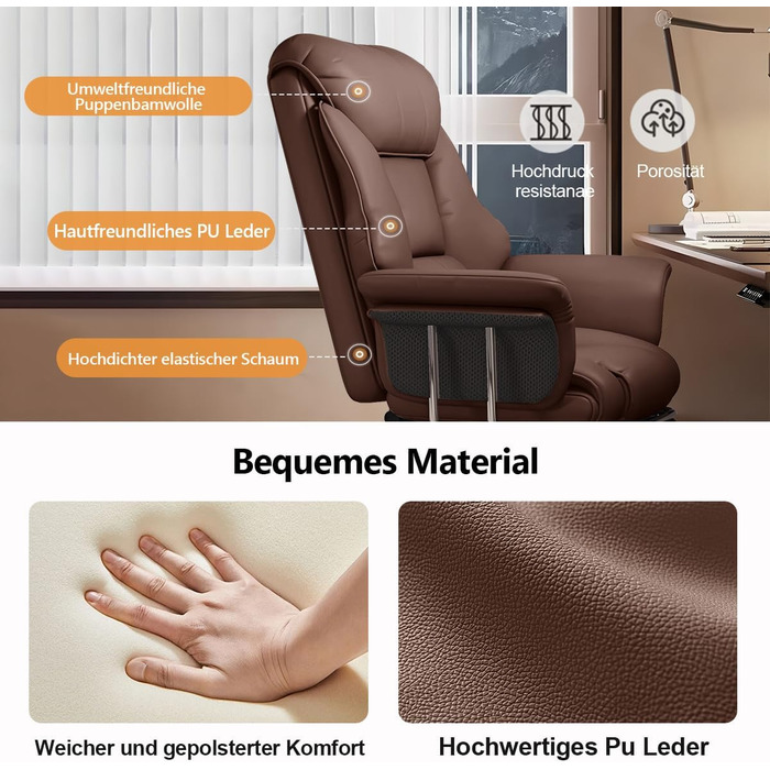 Офісне крісло з підставкою для ніг та поперековою опорою Ергономічне ігрове крісло з регульованим по висоті підголівником та регульованою спинкою, обертове крісло з високою спинкою зі штучної шкіри для домашнього офісу (коричневе)