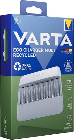 Зарядний пристрій VARTA, зарядний пристрій для акумуляторних батарейок типу AA/AAA, до 8 батарейок, Eco Charger Pro Multi, зарядка в окремі слоти, корпус виготовлений з 75 переробленого матеріалу, незаповнений Eco Charger Multi