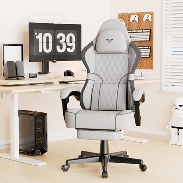 Ігрове крісло Soontrans з масажною поперековою опорою, м&39яке ігрове крісло, ергономічне ігрове крісло з підставкою для ніг, бавовна, регульована спинка 90-160, ігрове крісло (біле), суміш бавовни та льону, білий