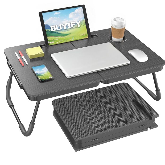 Складаний ноутбук-стіл BUYIFY, портативний стіл для ноутбука на коліна, приліжкова поличка, піднос з підставкою для чашки, чорний