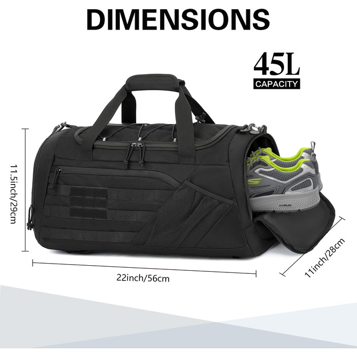 Тактична дорожня сумка-рюкзак 45 л для чоловіків та жінок, спортивна сумка 3-в-1 з відділенням для взуття, відділенням для вологи, багатофункціональна сумка для вихідних для спортзалу, подорожей, кемпінгу, походів, чорного кольору