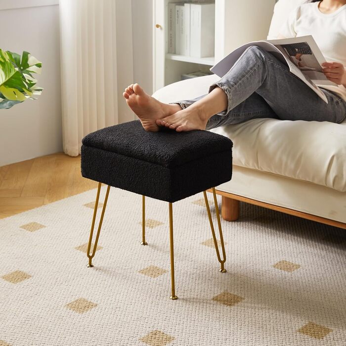 Туалетний стілець-стілець з місцем для зберігання, квадратний оксамитовий пуф Тедді, сучасний багатофункціональний макіяжний стілець для спальні, вітальні 40 x 30 x 47 см чорний HBD031B