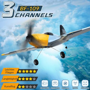 Канальний радіокерований літак BF-109, літак на дистанційному управлінні, готовий до польоту, 2,4 ГГц 6-осьовий гіроскопічний стабілізатор, легкий в управлінні для дітей та початківців, 3-канальний сірий, 39S WORK 3-