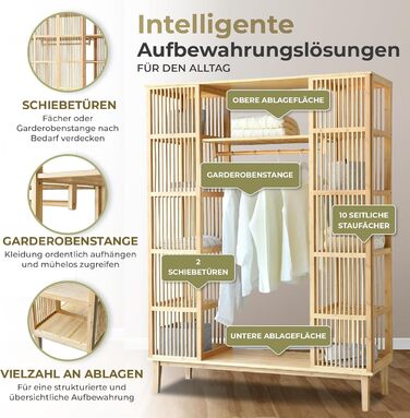 Вішалка для одягу Hudiksvall з рейкою для одягу, 2 двері, підставка для шафи, полиця для взуття, стояча шафа, 185 x 140 x 45 см, бамбукова шафа