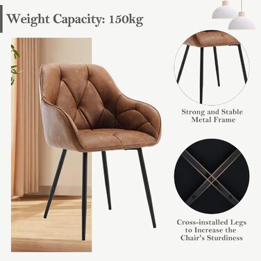 Обідні стільці WOLTU, комплект з , для їдальні та вітальні, ергономічні кухонні стільці, оббиті підлокітниками, металеві ніжки, сидіння зі штучної шкіри у вінтажному стилі, коричневий колір, комплект з