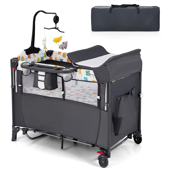 Дитяче ліжечко LIFEZEAL з матрацом, складне дитяче ліжечко з пеленальною дошкою та іграшками, дорожнє ліжечко з тканини Оксфорд, 2 рівні, регульована висота, вантажопідйомність 10/15/10 кг (сірий колір)