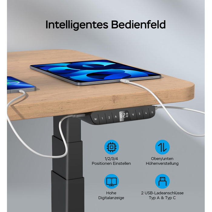 Каркас столу з електричним регулюванням висоти, 2 двигуни, вантажопідйомність 135 кг, регулювання висоти 62-127 см, швидке складання, 4 налаштування висоти з пам&39яттю, 2 USB-порти (чорний)