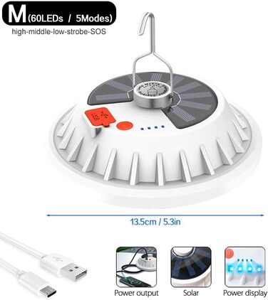 Портативні ліхтарі для кемпінгу, ліхтарі для наметів для використання на свіжому повітрі, сонячні ліхтарі з 5 режимами, акумуляторна надяскрава світлодіодна лампа з виходом для зовнішнього акумулятора - водонепроникне освітлення для наметів, кемпінгу, 5,3