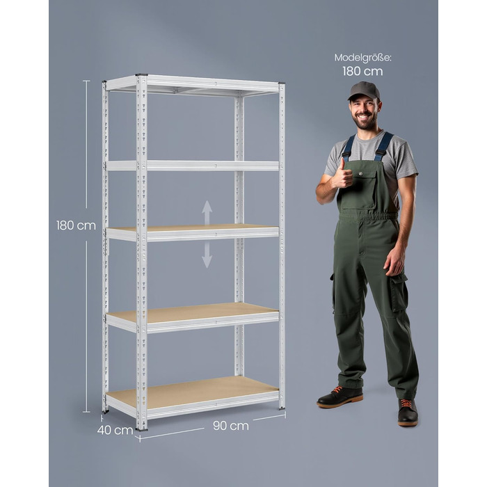 Надміцний стелаж, комплект з 2 шт., полиці для підвалу, 40 x 90 x 180 см, вантажопідйомність до 875 кг, легке складання, полиці для зберігання, регульовані полиці, сріблястий GLR455E01 Комплект з 2 шт. (180 x 90 x 40 см)