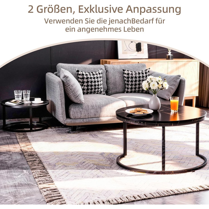 Набір журнальних столиків з 2 шт. , бічний столик, стіл для вітальні, журнальний столик з регульованою висотою, для вітальні, круглий дерев&39яний журнальний столик з чорним металевим каркасом, діаметр 70/50 см, чорний