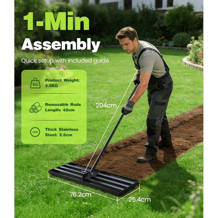 Гребінь-рівняч для газону 2-в-1 аератор та розкидач піску Покриття порошковою фарбою для захисту від іржі 204x76x25 см Ідеально підходить для саду, гольф-поля та ландшафтного дизайну