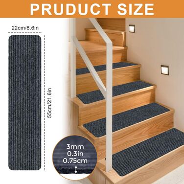 Килимки для сходів, 15 шт. , протиковзкі килимки для сходів, самоклеючі, прямокутний килимок для сходів, нековзний килимок для дітей та домашніх тварин (темно-сірий, 55 см x 22 см)