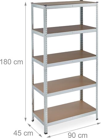 Міцний стелаж Relaxdays, оцинкований, 5 полиць, 180x90x45 см, сріблястий Полиця для зберігання у підвалі, вантажопідйомність 875 кг, сталь, вставне складання