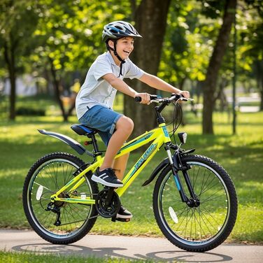 Гірський велосипед Talson 26 дюймів з ліхтарями, амортизаційною вилкою та 21-швидкісною коробкою передач Shimano жовтого кольору