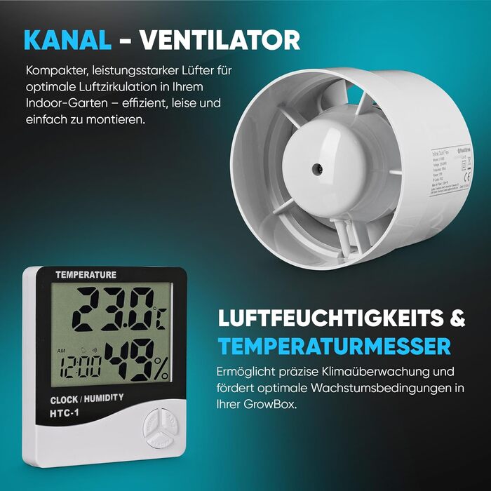 Комплект для вирощування в приміщенні з LED-лампою повного спектру 150W (з димером), 1680D, вугільним фільтром, канальним вентилятором та витяжним рукавом (80x80x180 см)