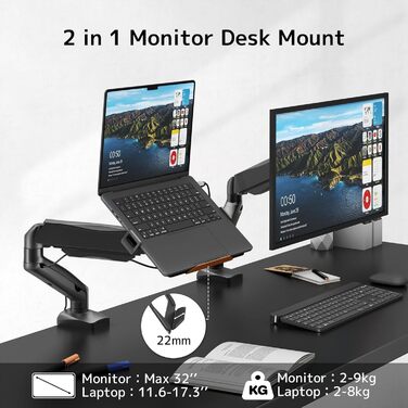 Універсальний тримач для ноутбука та монітора 2-в-1, для ноутбуків 11.6-17.3 та моніторів 17-32, навантаження до 9 кг, VESA 75/100 мм, кріплення на стіл (затискач та отвори)