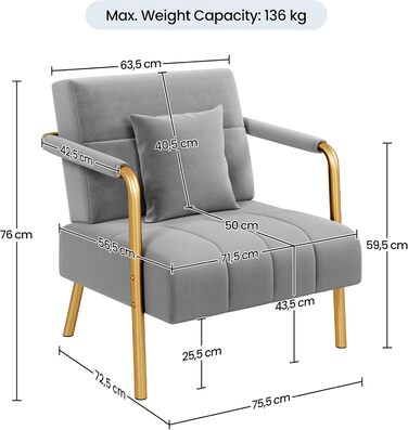 Крісло Yaheetech, оксамитове крісло для відпочинку, м&39яке крісло з металевими ніжками, одинарне крісло шириною 71,5 см, розслаблююче крісло для вітальні/домашнього офісу, світло-сіре