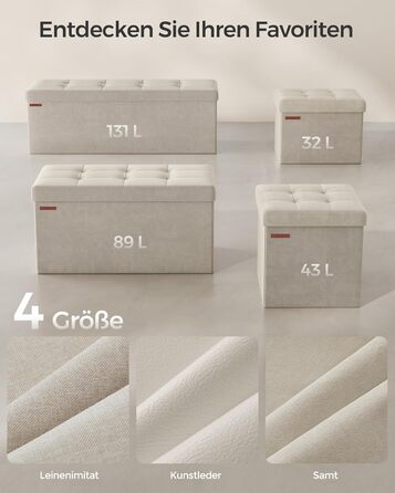 Пуф для зберігання SONGMICS, Складана лавка, 38 x 110 x 38 см Пуф для ніг, Коробка для зберігання, Вантажопідйомність до 300 кг, для вітальні, спальні, коридору, кремово-білий LSF277W01 Кремово-білий 110B см