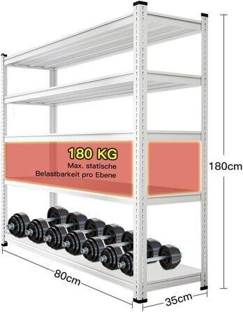 Металева вулична стелажна стійка для зберігання речей з отвором у формі гарбуза, загальна вантажопідйомність 900 кг - 80x35x180 см, 5 полиць (180 кг/полиця) - Біла, для гаража 80*35*180*5 Біла