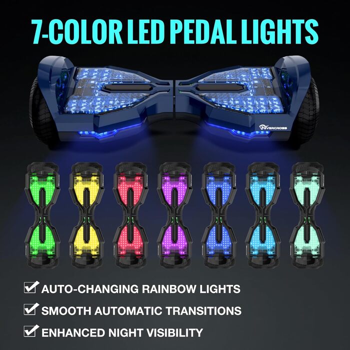 Гіроскутер EVERCROSS EV2 із сидінням – акумулятор 5,2 Аг, 15 км/год, музика через Bluetooth, 7-кольорове підсвічування педалей, вантажопідйомність 85 кг, з ховеркартом для дітей, підлітків та дорослих