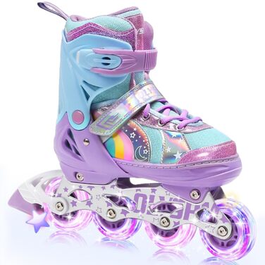 Роликові ковзани для дітей, дівчаток та хлопчиків, райдужний дизайн, дитячі роликові ковзани 4 розмірів для використання в приміщенні та на вулиці, розмір S (EU 28-31), фіолетовий