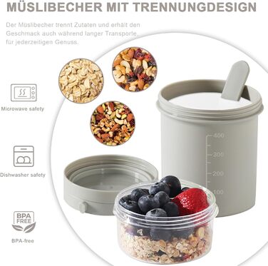 Набір контейнерів для сніданку та обіду To Go, 450 мл 250 мл контейнер для йогурту та мюслі з ложкою, герметичний стакан для мюслі та йогурту, ланчбокс (світло-сірий)