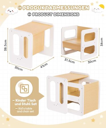 Комплект столу та стільців Yorbay для дітей, Дитячий стіл з 1 стільцем, Комплект дитячих сидінь 3-в-1 - Двосторонній стілець та дитяча лавка, що трансформується в робочу станцію, Дитячі меблі (Натуральний, M) Натуральний середній