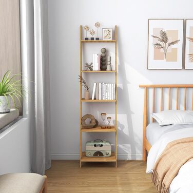 Бамбукова полиця GIANTEX, окремостояча книжкова шафа з 5 ярусами, настінна полиця, полиця для сходів, полиця для рослин для вітальні, ванної кімнати, кухні, 43 x 35 x 165 см, натуральний колір