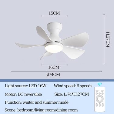 Стельовий вентилятор постійного струму YUNZI 74CM, 6 швидкостей, з підсвічуванням і дистанційним керуванням. Тихий світлодіодний стельовий вентилятор із регулюванням яскравості та світлом. Сучасний стельовий світильник із регулюванням яскравості та вентил