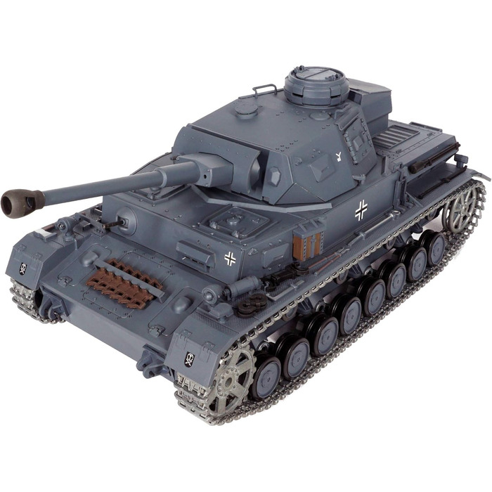Модель німецького танка Panzerkampfwagen IV, масштаб 1/16, радіокерування 2,4 ГГц (Модифікована версія TK6.0) поворотна вежа на 360 градусів, сталеві шестерні, акумулятор NiMH 3800 mAh, металеві гусениці, зірочки та напрямні колеса.