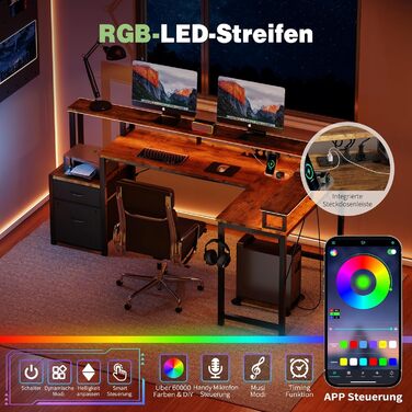 Кутовий письмовий стіл YOUDENOVA з шухлядами, L-подібний, 168x100 см, ігровий стіл зі світлодіодним підсвічуванням, комп&39ютерний стіл з розеткою та портом зарядки USB, офісний стіл, коричневий, 168*100*88,5 см, вінтажний коричневий