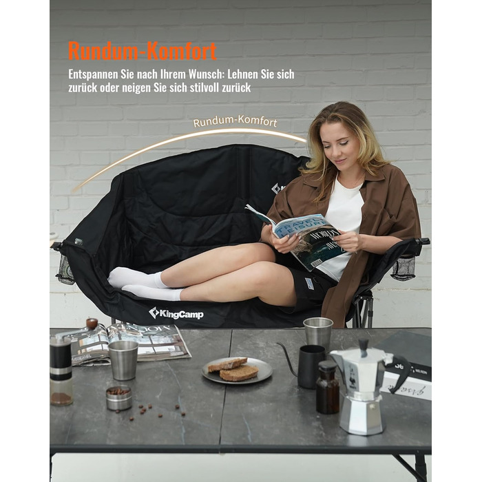 Розкладний кемпінговий диван KingCamp (до 300 кг), розкішне розкладне кемпінгове крісло для 2 осіб, м&39який кемпінговий диван з підлокітниками, подвійне кемпінгове крісло з високою спинкою, 1-, 2- та 3-місна кемпінгова лавка для саду або балкону (L - чор