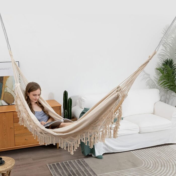 Гамак Outdoor Boho Hammock 2 людини, вантажопідйомність до 204 кг, портативний з сумкою для перенесення для патіо, саду, внутрішнього двору, внутрішнього двору - бежевий