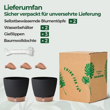 Набір з 2 предметів T4U, самополивний квітковий горщик 20 см з глибоким резервуаром для води, для зелених рослин, великий квітковий горщик для приміщень та вулиці, також підходить як велике кашпо для вулиці, чорний, 20 см