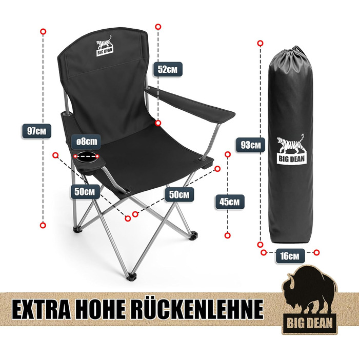 Комплект з 2 кемпінгових стільців BigDean з надзвичайно високою спинкою, максимальне навантаження 150 кг, розкладне стілець, рибальське крісло, розкладне крісло, кемпінгове крісло, розкладне рибальське крісло, кемпінгові стільці, садове крісло
