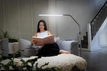 Світлодіодна торшерна лампа Daylight Slimline 4 6000K, 3200 Lux, 4 рівні яскравості, порт USB-C, захисний екран від відблисків, регулювання висоти, для дому та вітальні, шліфована сталь