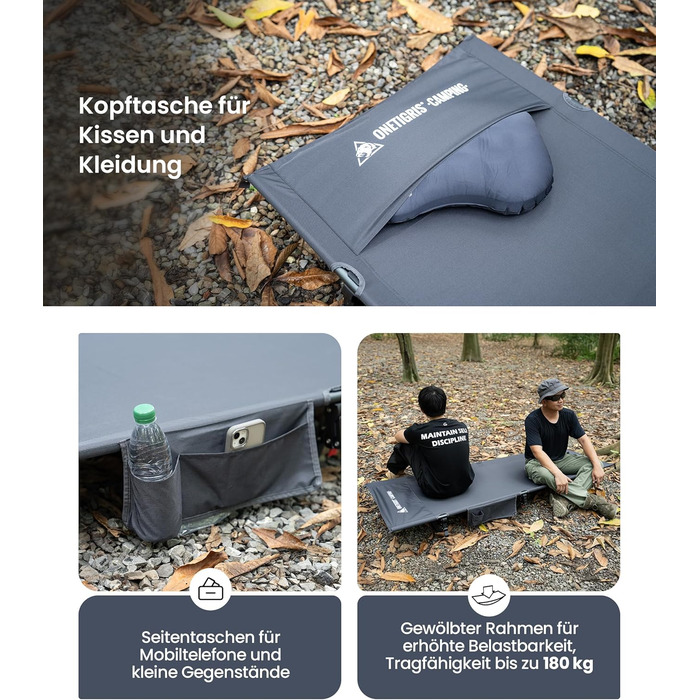 Складане похідне ліжко, портативне кемпінгове ліжко, легке, складне кемпінгове ліжко до 180 кг для намету, для активного відпочинку на природі, для подорожей, саду, офісу (190 70 18 см) сірого кольору