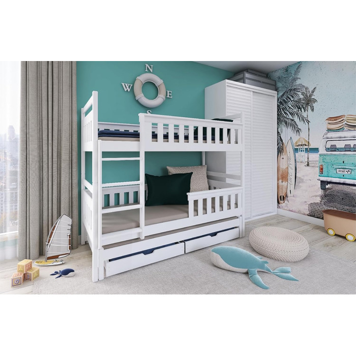 Дитяче колективне ліжко-горище 90x200 з висувним ліжком Двоярусне ліжко з висувною функцією, дві шухляди, решітчастий каркас, захи