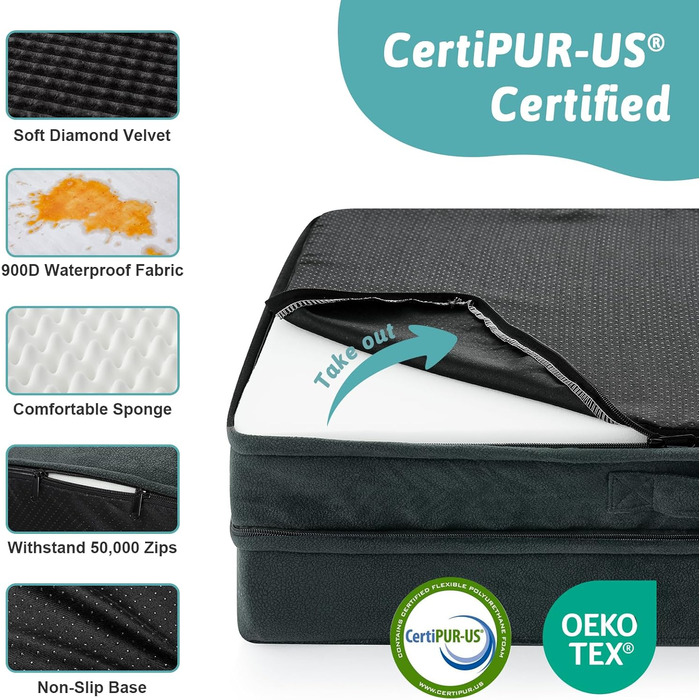 Ортопедичне ліжко для собак, диван для середніх або великих собак, великий підтримуючий кушетка з пінопласту з водонепроникною підкладкою, протиковзкий, що прається, U-подібна, 44x32x7 дюймів, чорний колір, Д 110 x Ш 80 x В 18 см