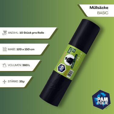 Універсальні сміттєві пакети 360 л - Комплект з 30 шт. - XXL Великі, міцні, товсті сміттєві пакети, базові - 120x150 см - 35 мкм - Чорні сміттєві пакети - Міцні сміттєві пакети - Регранульована плівка 360 л/35 мкм - Упаковка з 3 шт.