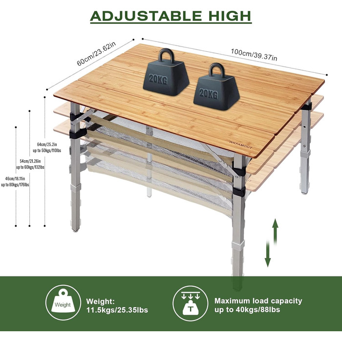 Складаний кемпінговий стіл, бамбук, складний, регульований по висоті, садовий стіл для вулиці, складний з алюмінієвими ніжками для кемпінгу, пікніків, приготування їжі, походів, подорожей - 100 x 60 см