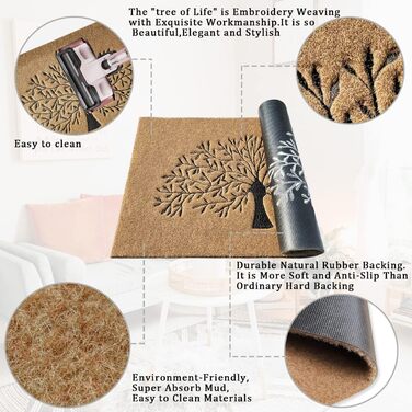 Килимок для привітання &quotДерево життя&quot для використання на вулиці в приміщенні, килимок для передніх дверей, міцний, водонепроникний, нековзний, для входу, коридору, кухні, легко чиститься, гумовий килимок 45x70, коричневий, дерево та коричневий, 4
