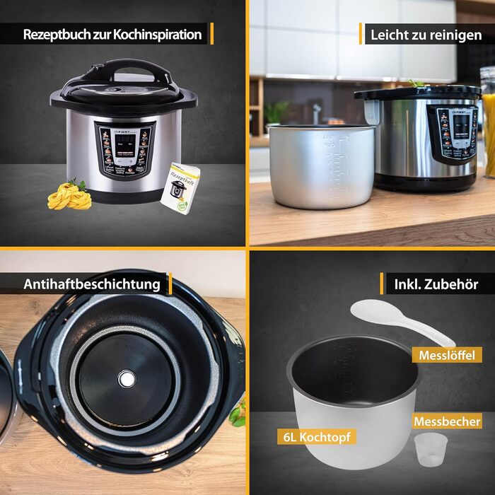 Електрична скороварка TZS First Austria 6л Мультиварка 9 програм скороварки Рисоварка Функція збереження тепла, відпарювач з нержавіючої сталі/чорного кольору