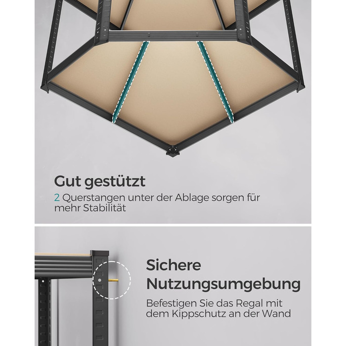 Комплект кутових полиць SONGMICS, 5 ярусів, міцний стелаж, металевий, полиця для зберігання в гаражі, підсобному приміщенні, підвалі, вантажопідйомність до 2625 кг, чорний/натуральний бежевий GLR070B03 5 ярусів (160Г x 160Ш x 180В см) чорний натуральний б